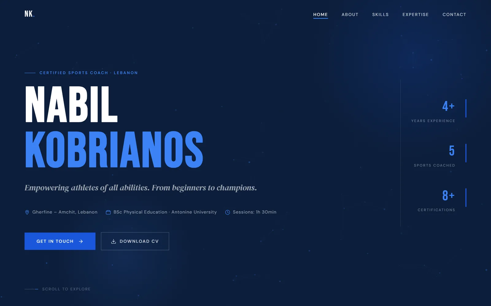 The Nabil Kobrianos home page: his name in large type on deep blue, “Empowering athletes of all abilities”, with Get in touch and Download CV buttons.
