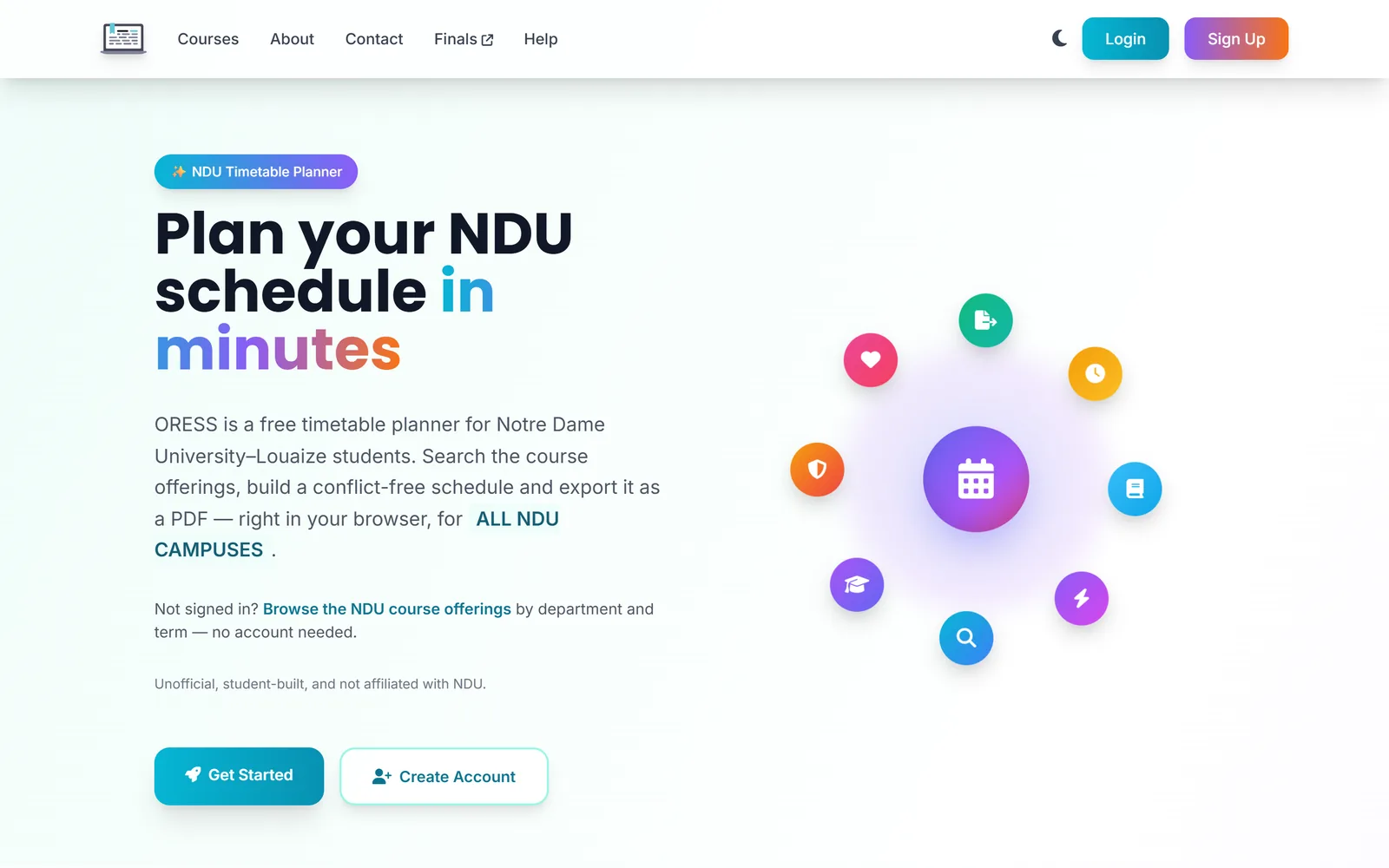 The ORESS home page: “Plan your NDU schedule in minutes”, with Get Started and Create Account buttons.